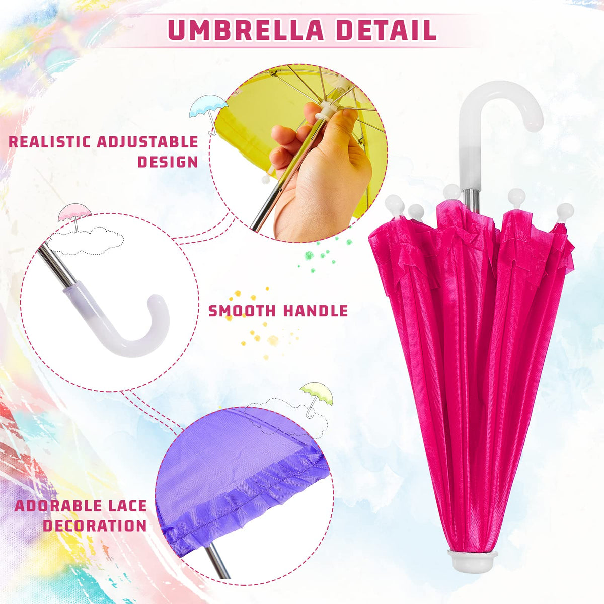 Eccliy nylon fabric and plastic handle visible on a compact 1:6 scale umbrella.