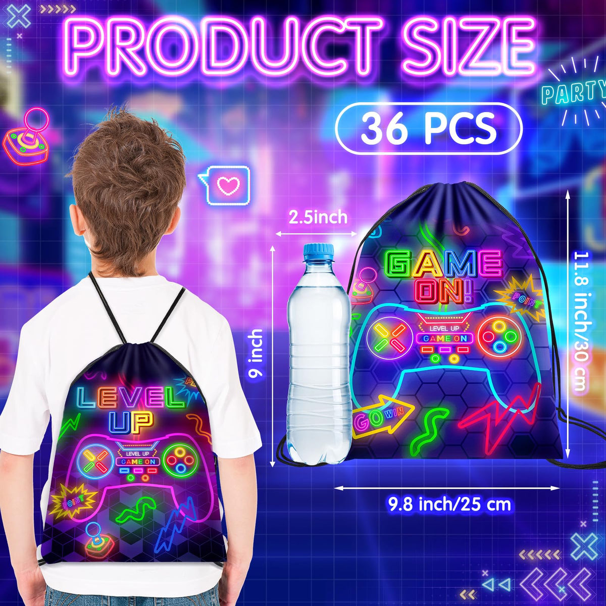 Eccliy game bags feature GAME ON neon colors for arcade-themed events