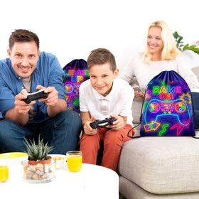 Eccliy party setup with gaming-themed bags as favors