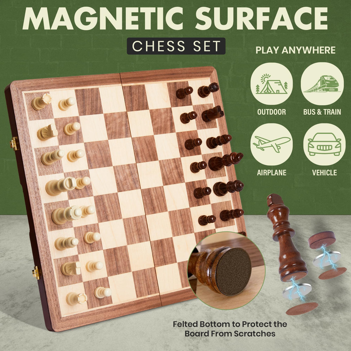 ECOCRAFTER magnetic chess pieces with felt bottoms prevent slips during games.