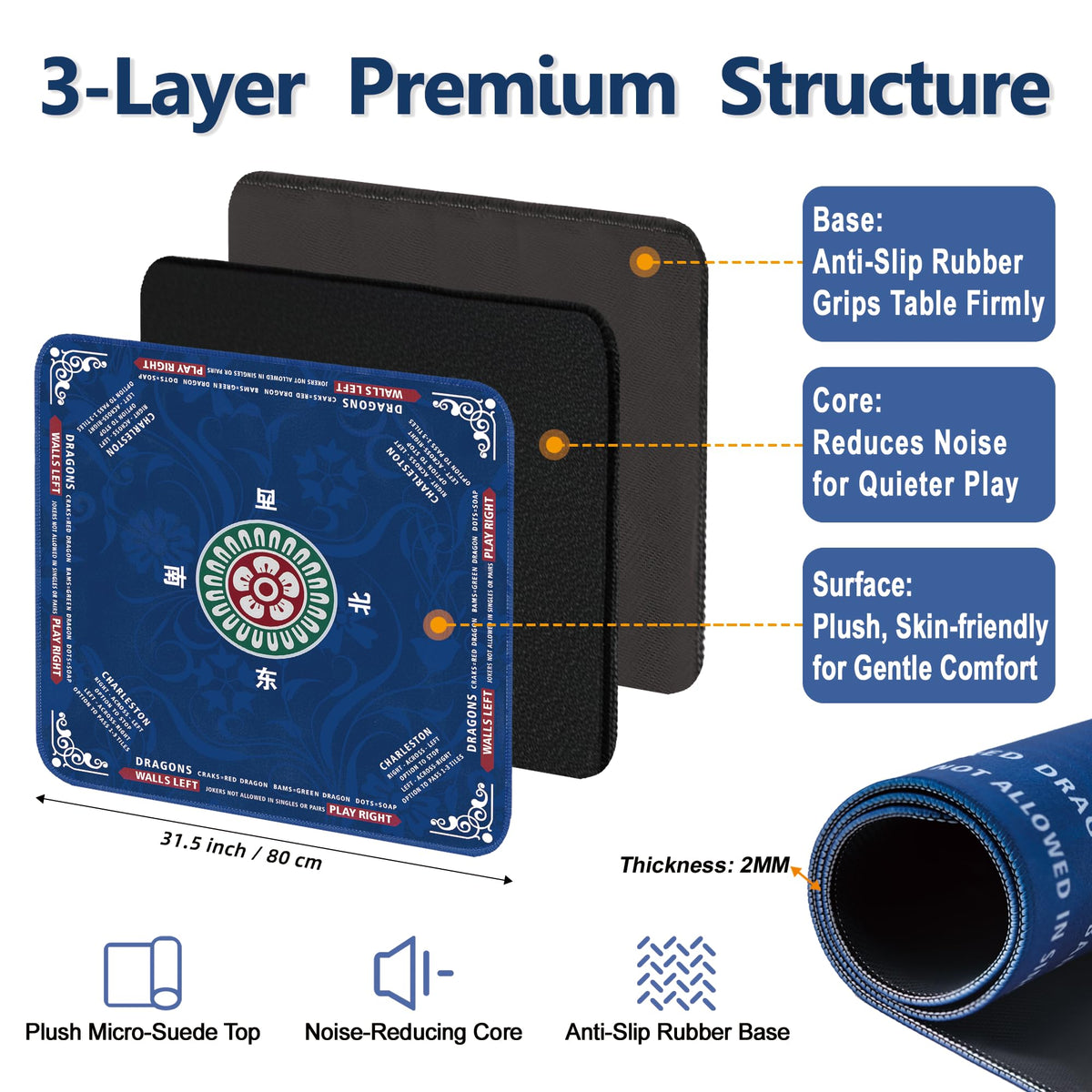 ECOLEMON Mahjong Mat reinforced stitched edges for lasting durability