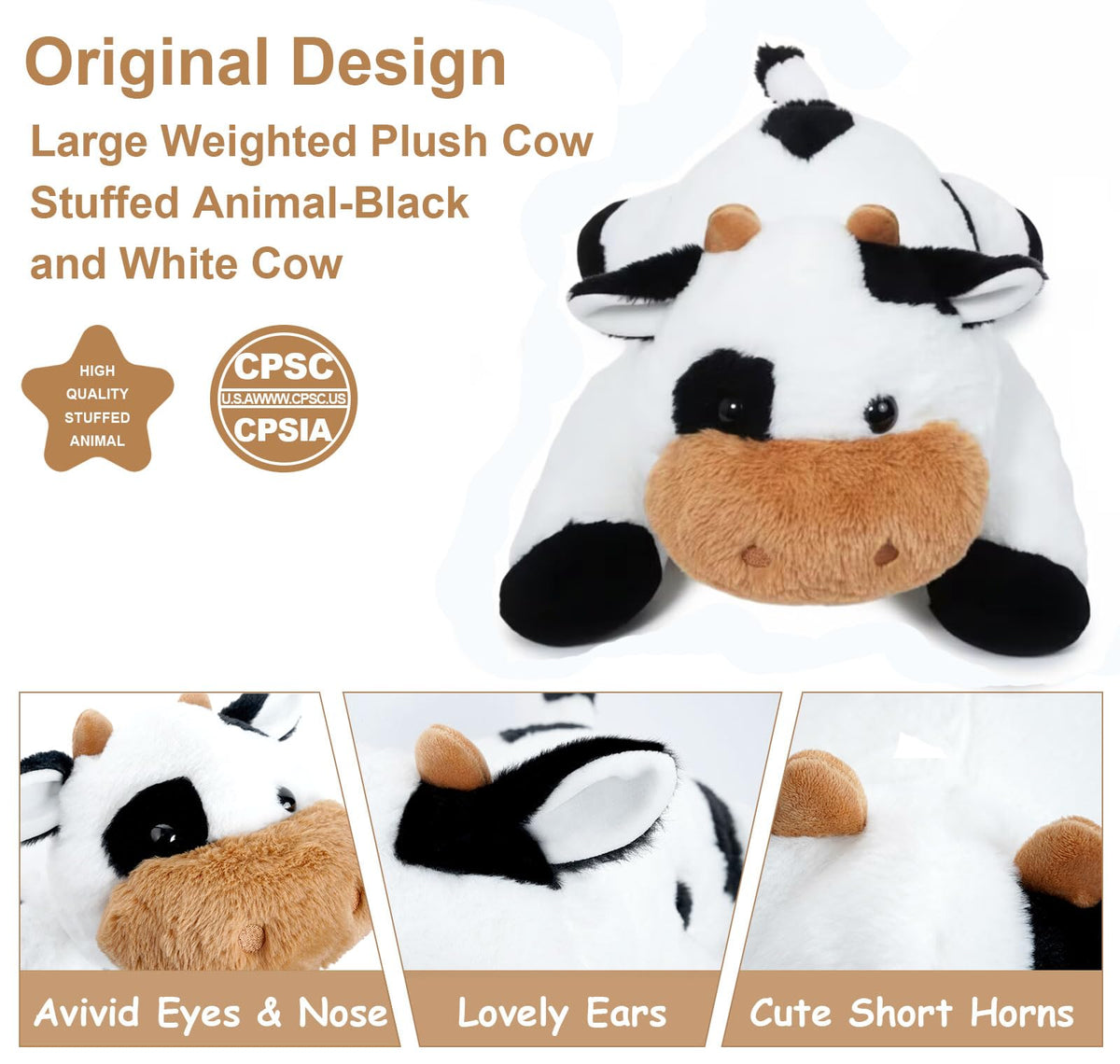 Ecolley cow plush face detail, cute design for joyful play.