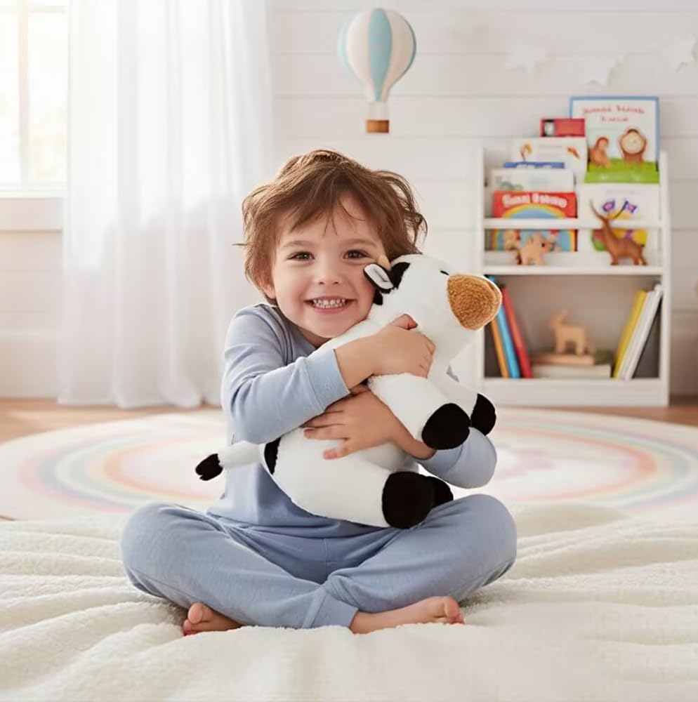 Ecolley cow plush hugging position, perfect for bedtime reading.