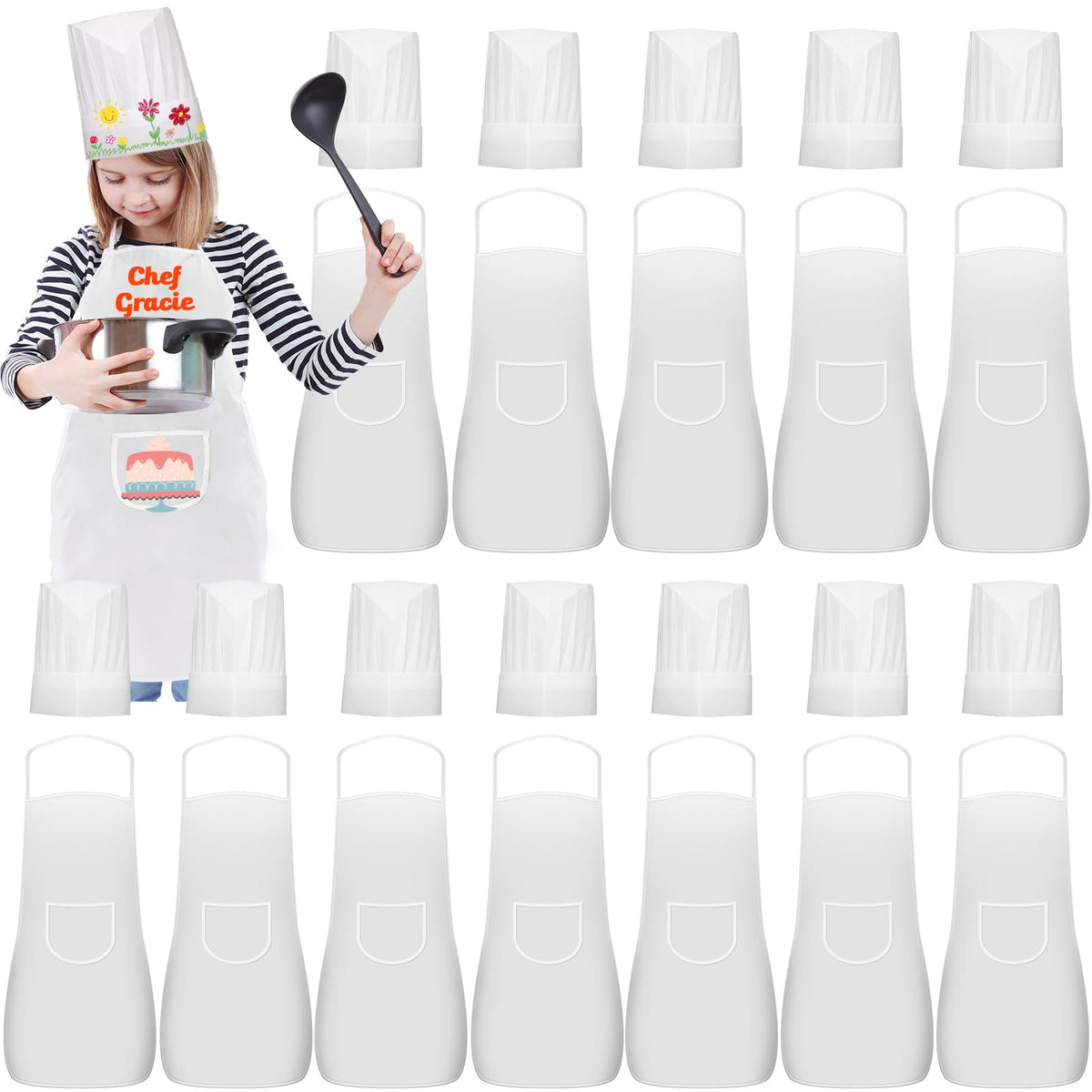 Ecoofor 24-piece kids aprons and hats set — front view showing complete gear for young chefs.