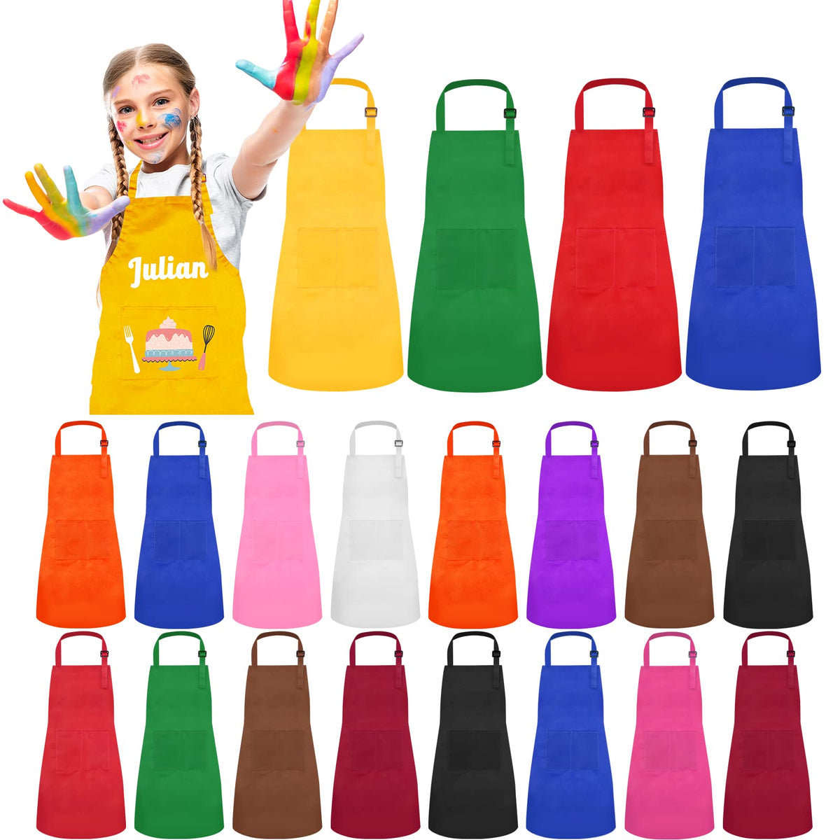 Ecoofor kids aprons XL front view with 12 colors for cooking and painting activities