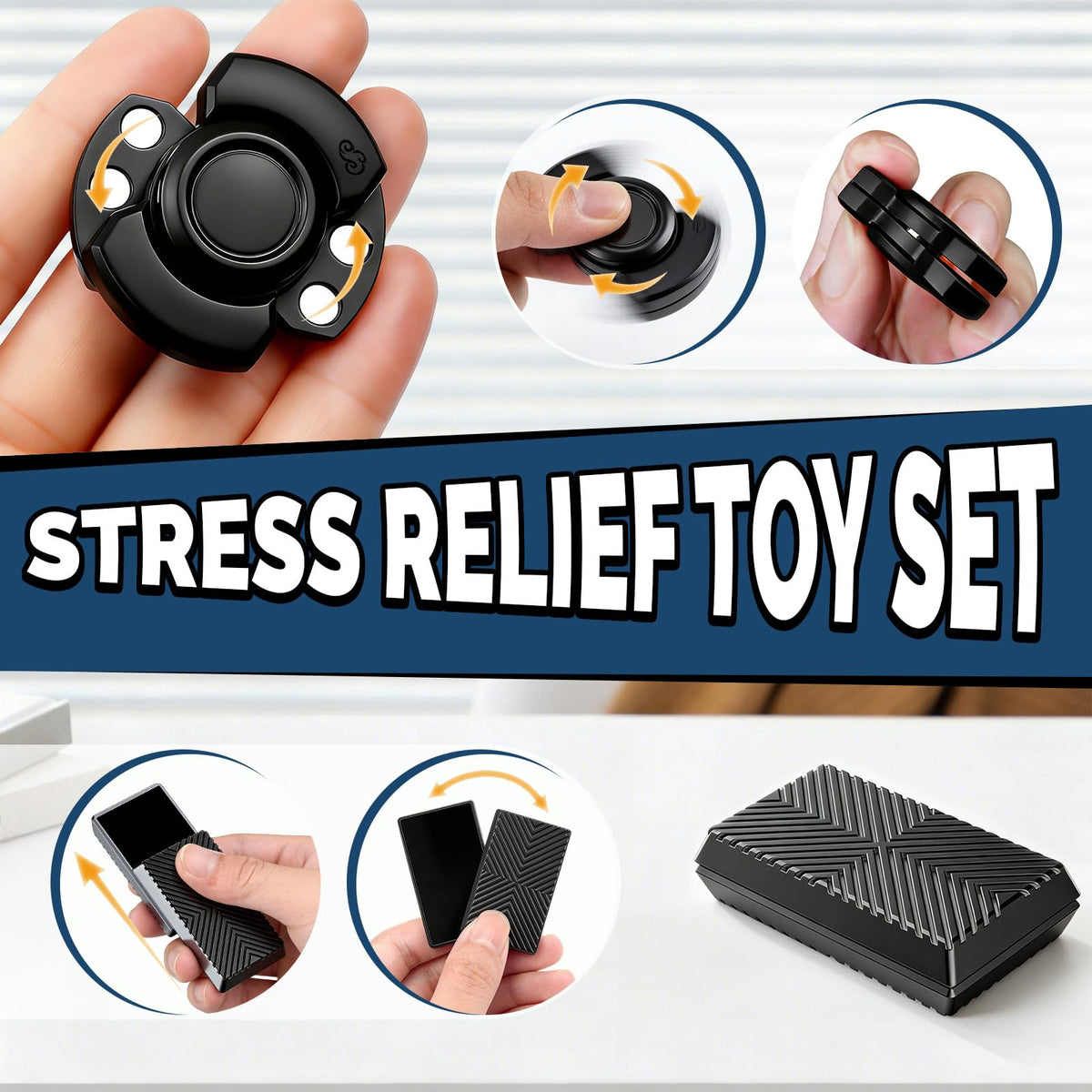 EcoPetVibe metal fidget toy collection in use for anxiety relief during work