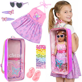 Ecore Fun 18-inch doll carrier backpack with clear display for on-the-go viewing.