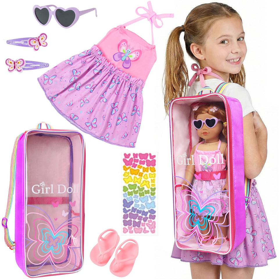 Ecore Fun 18-inch doll carrier backpack with clear display for on-the-go viewing.