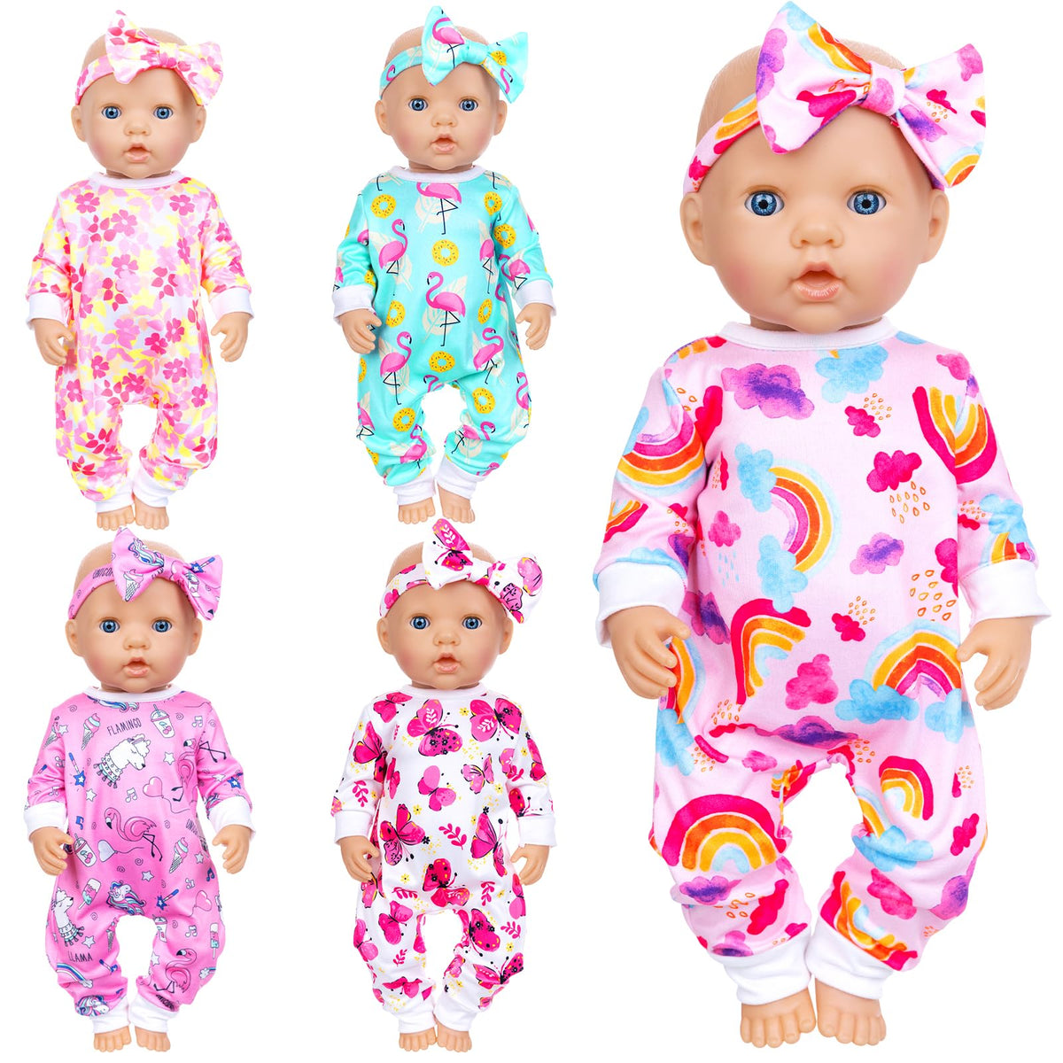 Ecore Fun 5-set doll outfits hero image showing all five designs for dress-up play