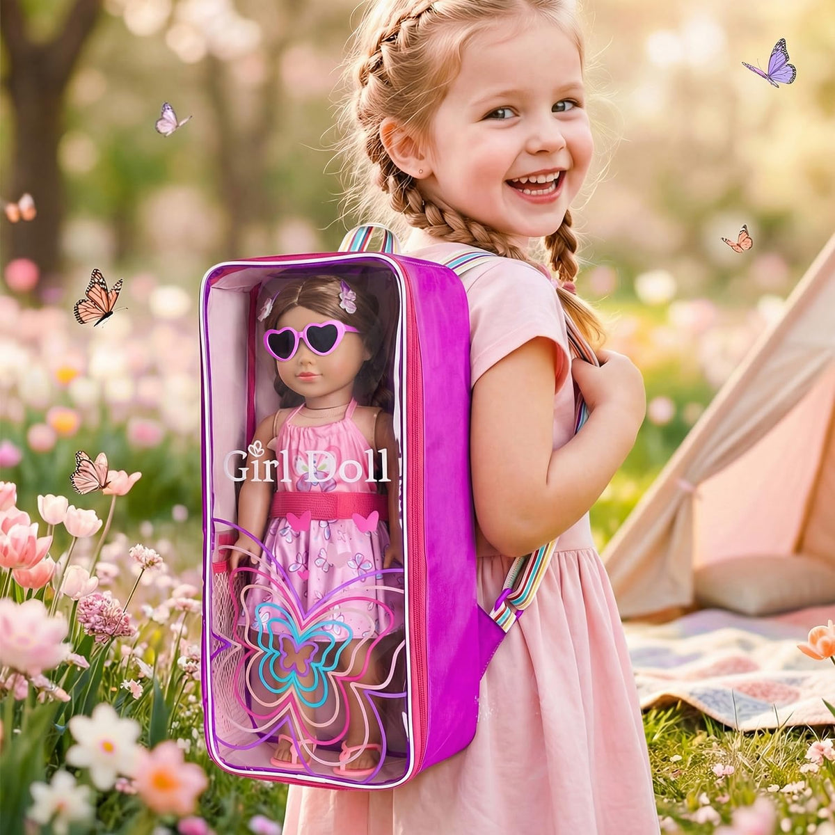 Ecore Fun clear display backpack lets kids show their doll during outings.
