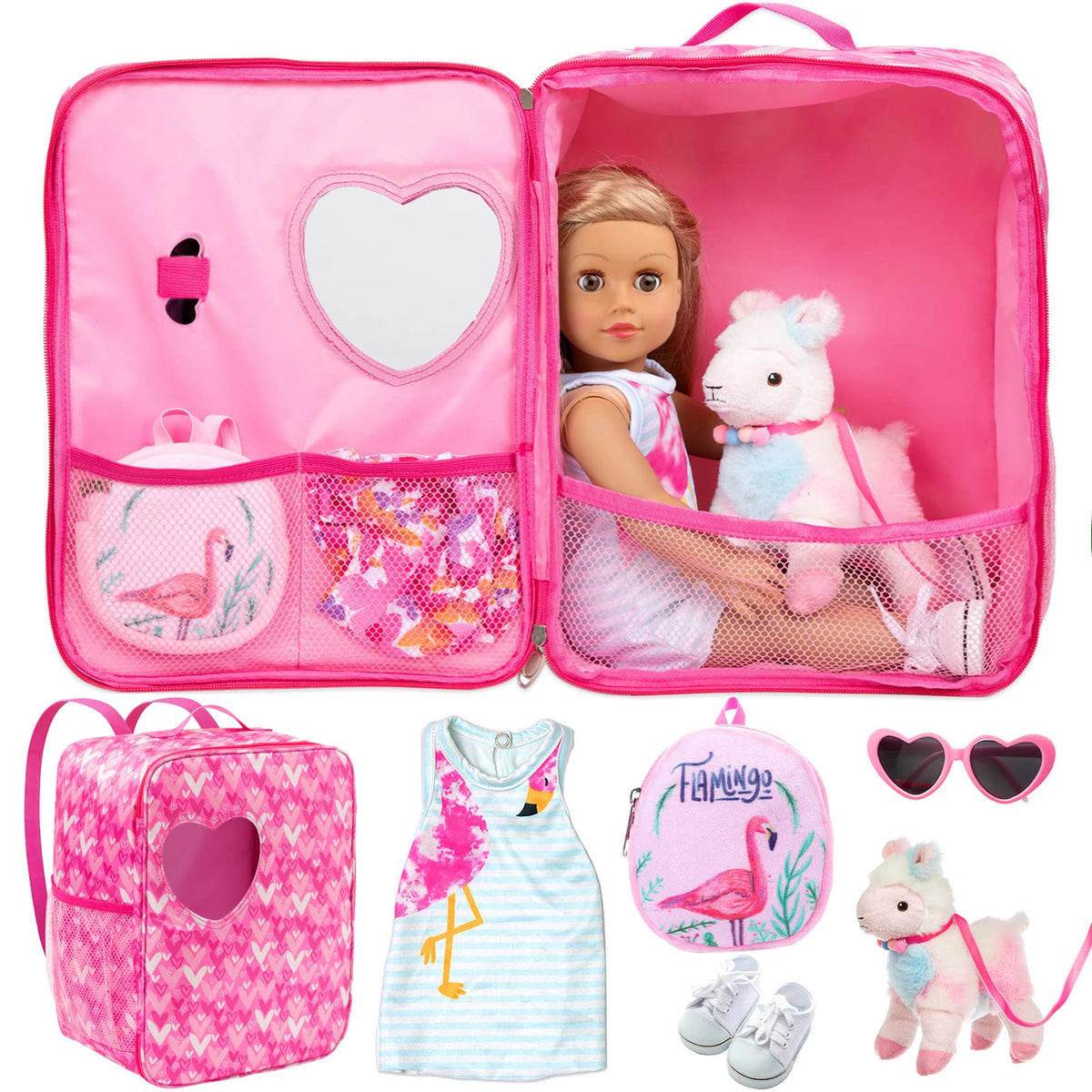 Ecore Fun doll carrier bag in pink love pattern, tidy carry for an 18 inch doll