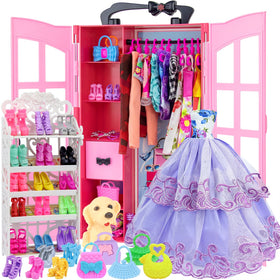 Ecore Fun doll closet wardrobe opened showing organized outfit storage
