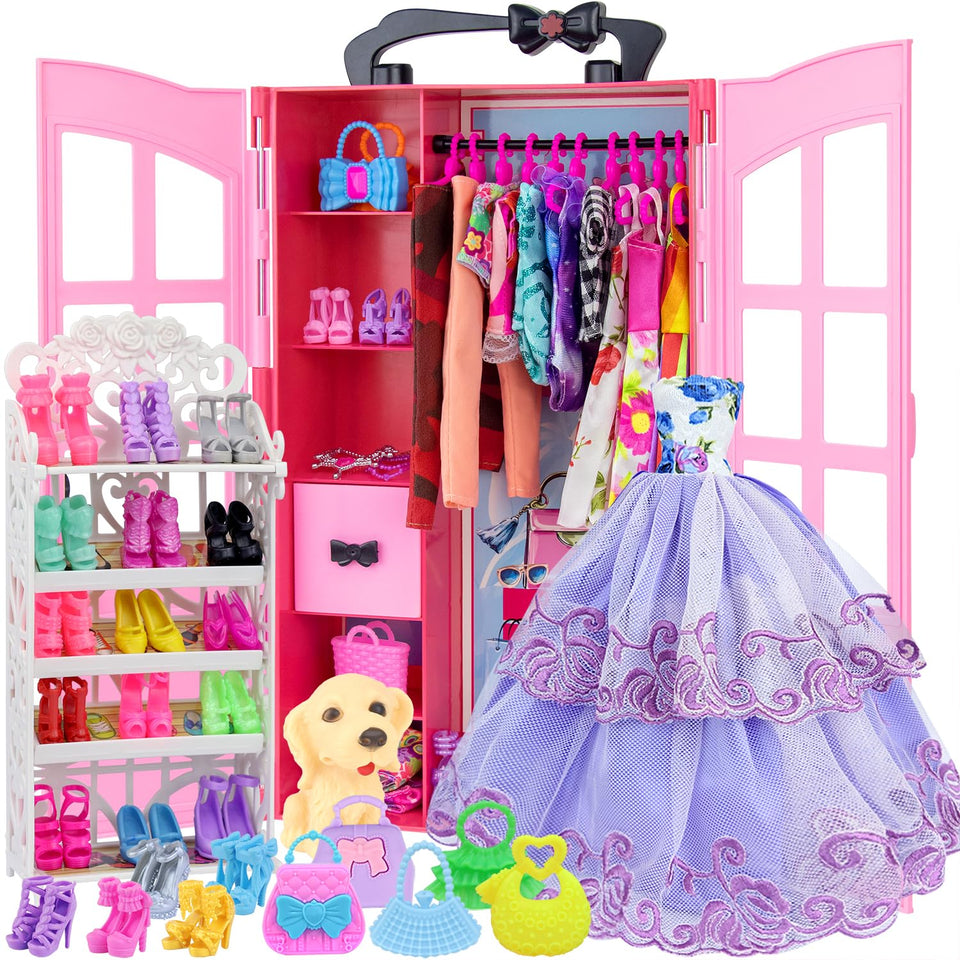 Ecore Fun doll closet wardrobe opened showing organized outfit storage