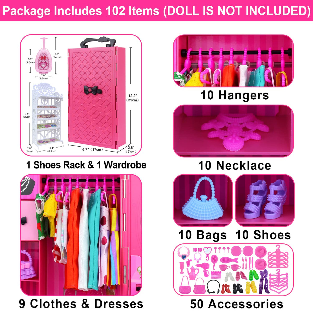 Ecore Fun doll accessories suitcase for portable dress-up storage