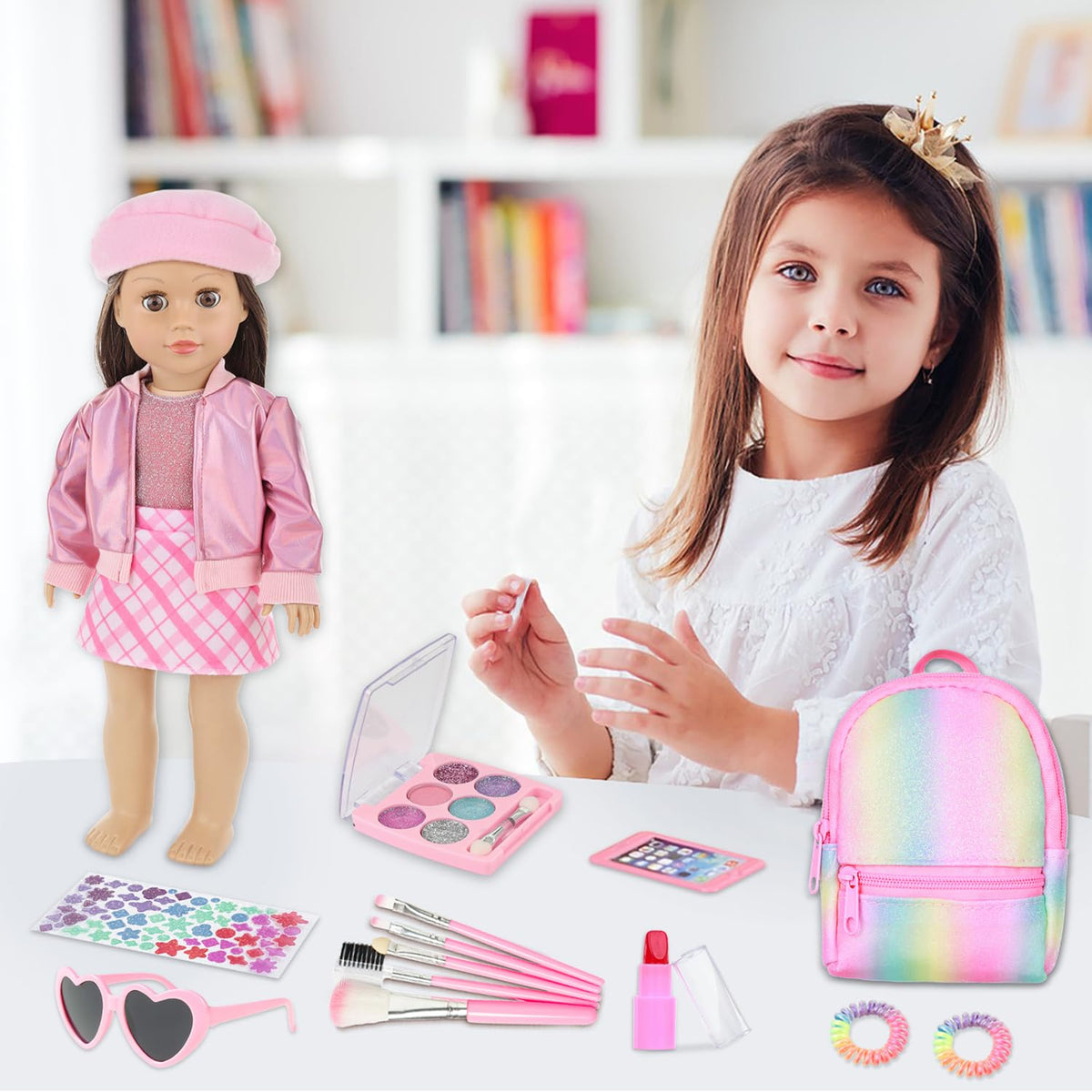Ecore Fun pink backpack opened to reveal organized doll gear.