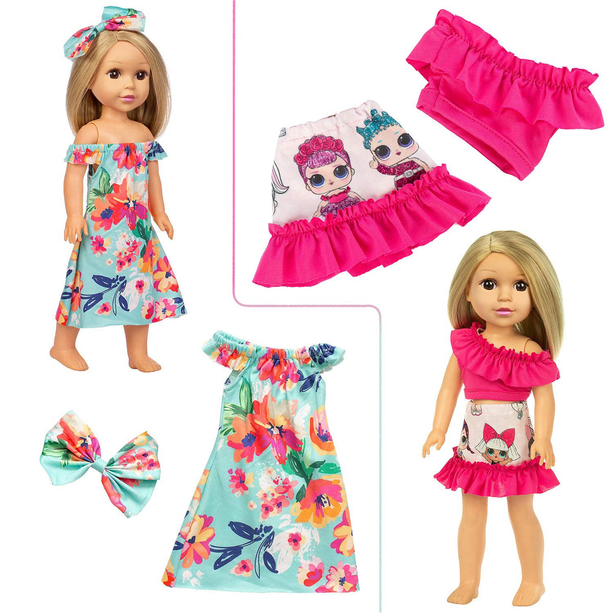 Ecore Fun rainbow dress accents brighten doll outfits for joyful play.