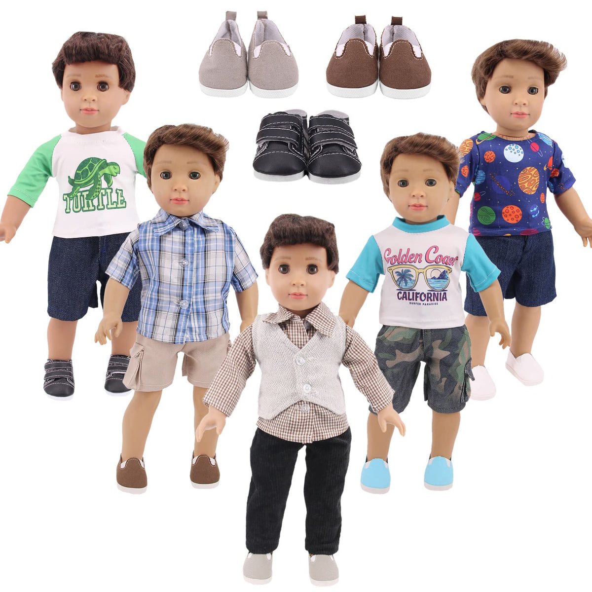 Ecore Fun 5-set boy doll clothes ensemble for 18-inch dolls, ideal for imaginative play.