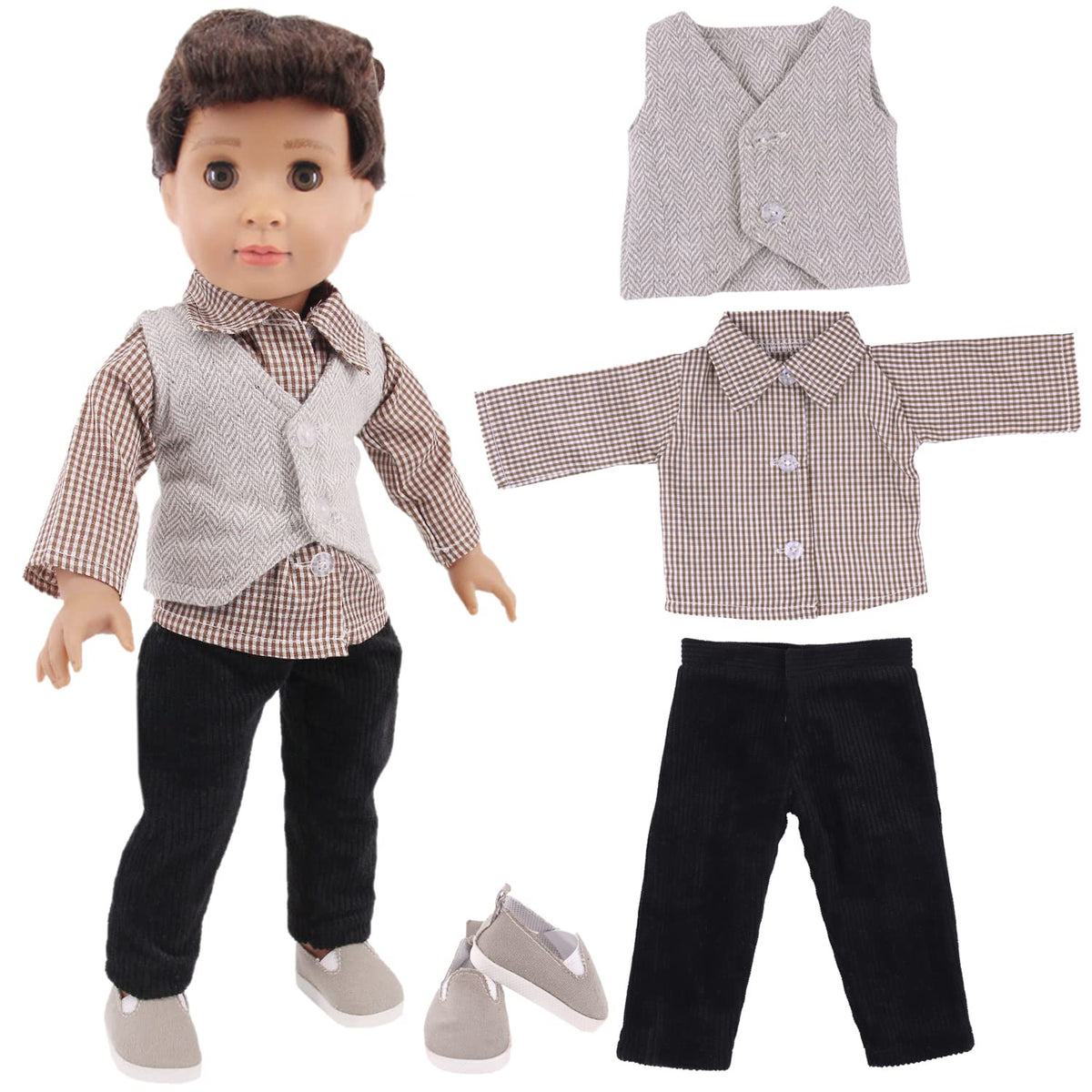 Vest and suit design details from Ecore Fun for stylish 18-inch boy dolls.