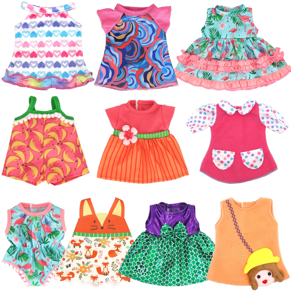 ECORELF Alive 10-set doll outfits provide a versatile wardrobe for 10-12 inch dolls.