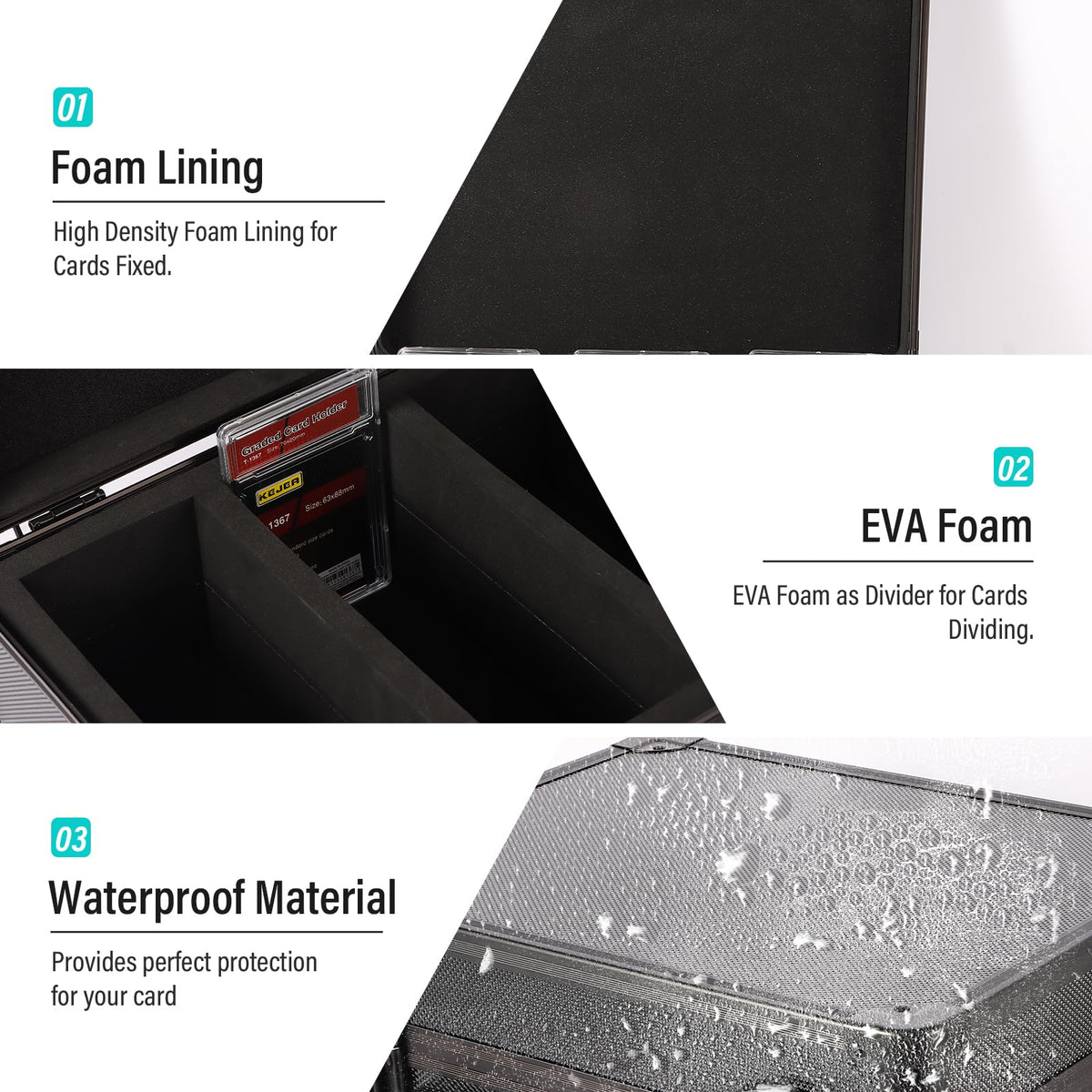 EcoVibe pre-cut EVA interior keeps cards aligned and scratch-free.