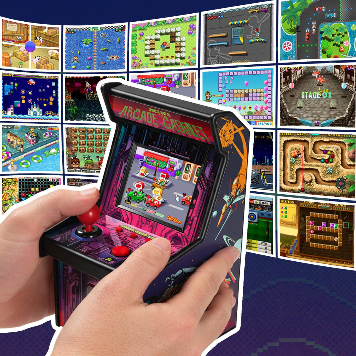 Eduboy arcade-style design with joystick and buttons for authentic play.