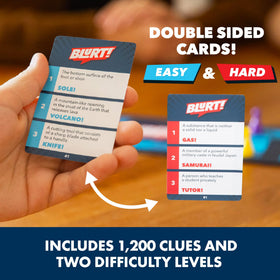 Six Blurt game pieces ready for a group word race
