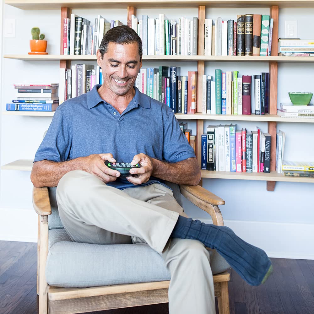 BrainBolt handheld design shown in use, ideal for solo play on the go.