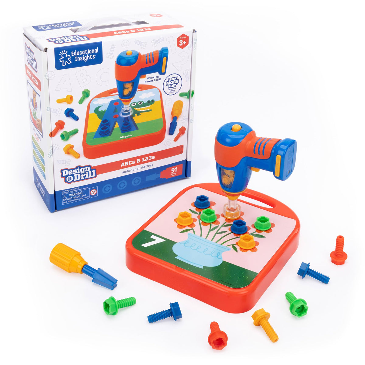 Educational Insights Design and Drill board features ABCs and 123s cues for tactile learning.