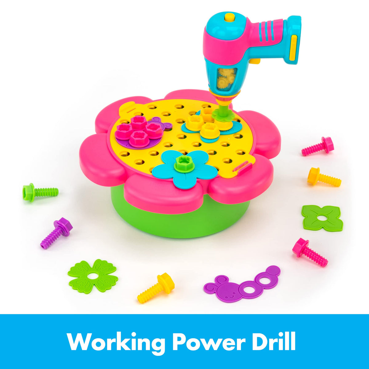 Educational Insights Flower Power drill with flower bit sparks hands-on building play.