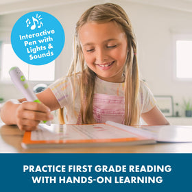 Educational Insights Hot Dots activity book open to first grade reading pages.