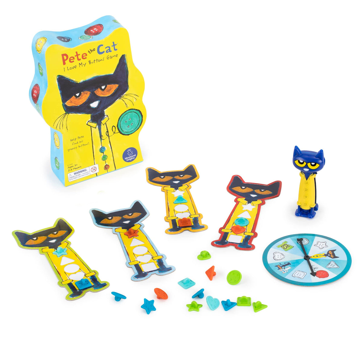 Educational Insights Pete the Cat Buttons game supports 2-4 players for short sessions.
