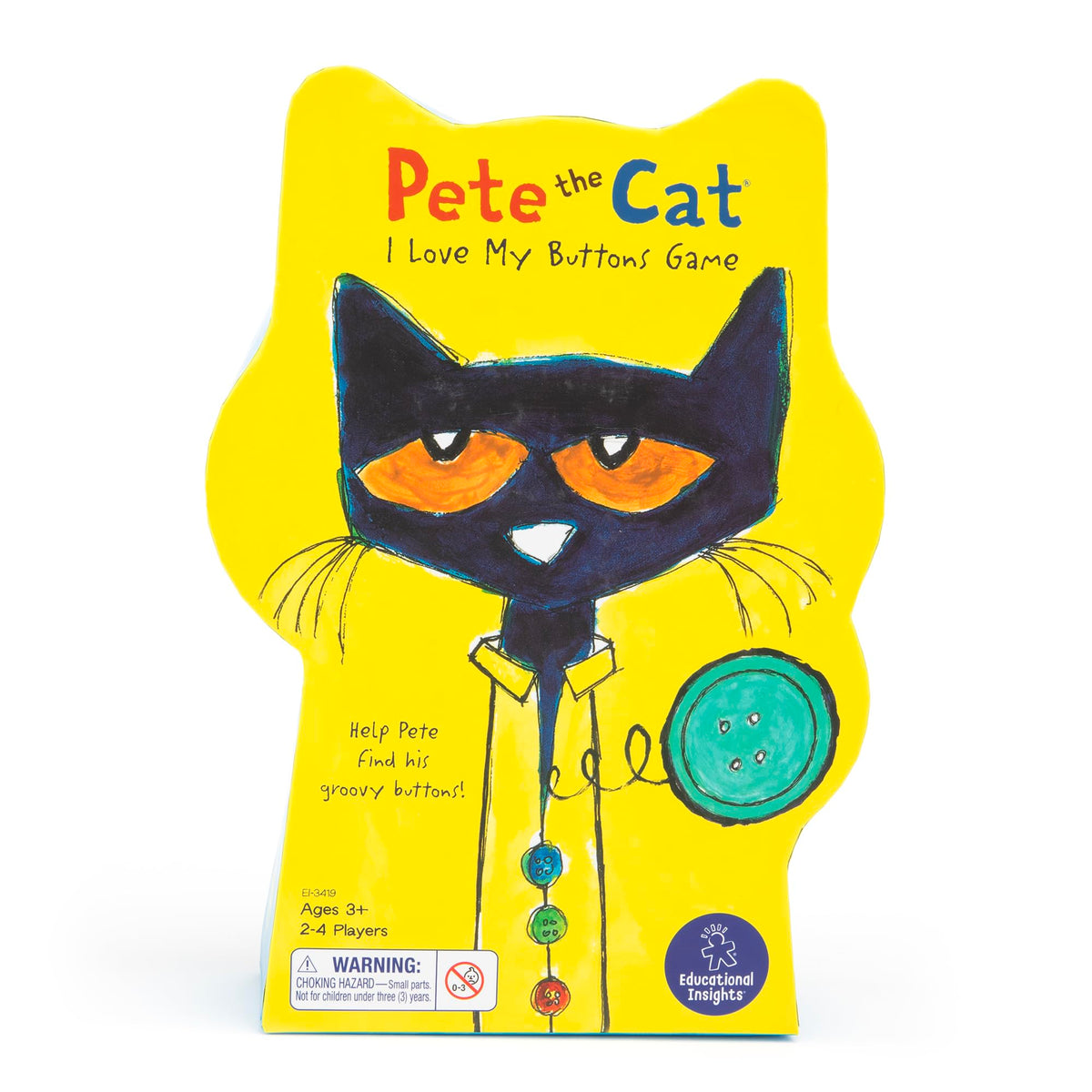 Educational Insights Pete the Cat Buttons game shirt board for shape practice.