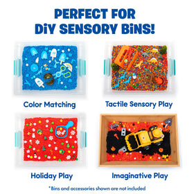 Pluffle in a sensory bin illustrating easy cleanup and engaging tactile play