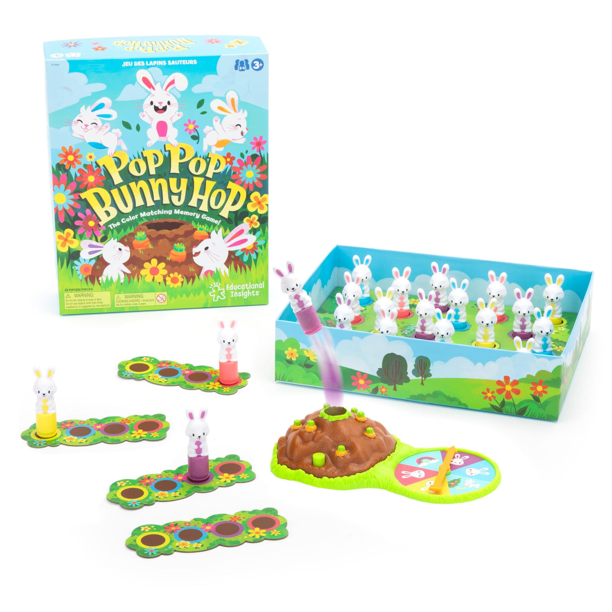 Educational Insights Pop Pop Bunny Hop game board supports color matching play for toddlers