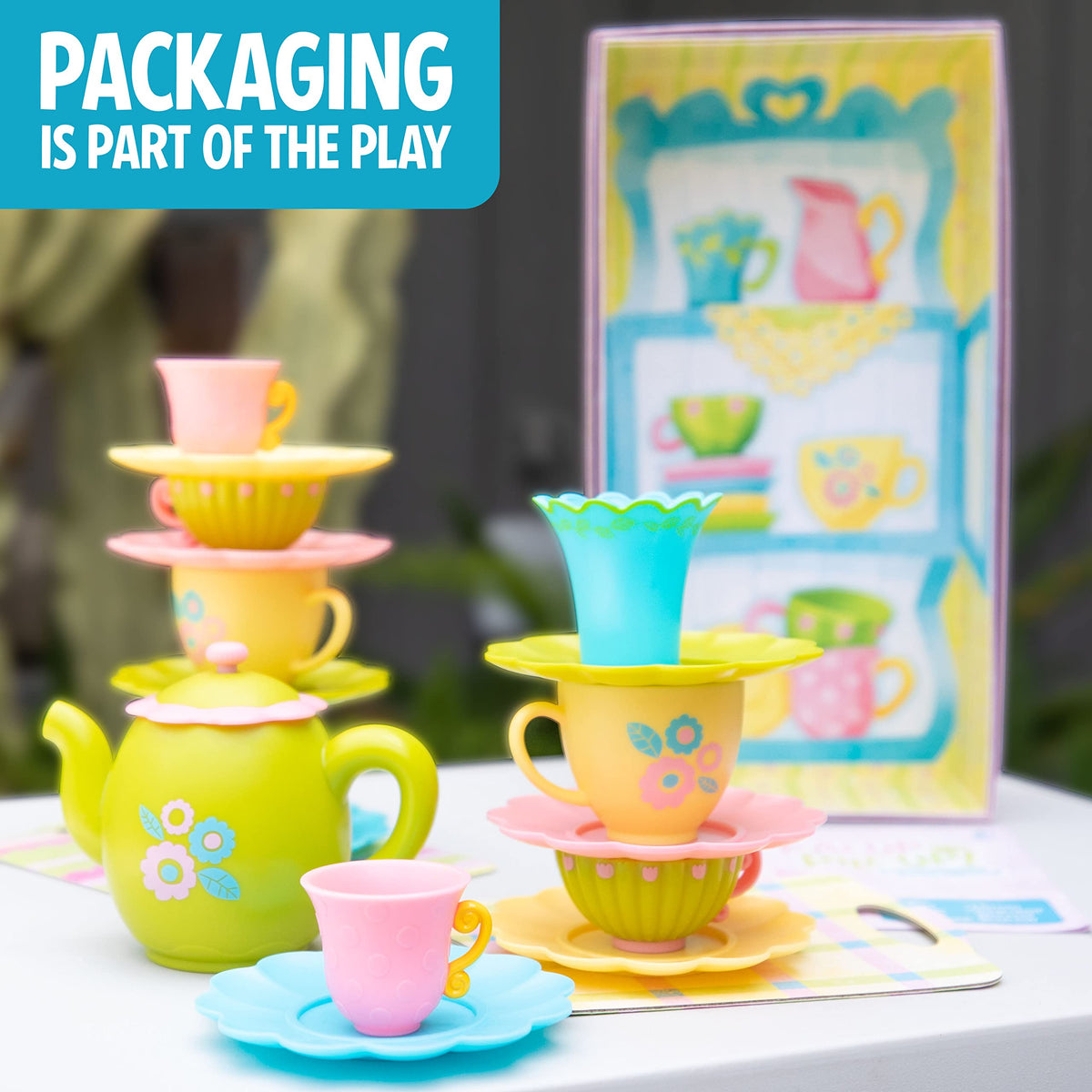 Educational Insights Teacup Pile-Up game board and trays support simple setup