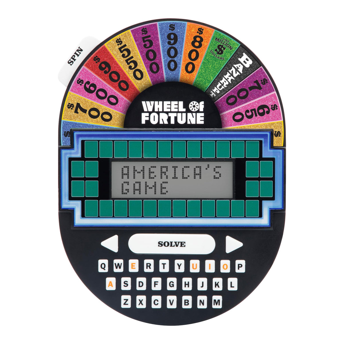 Educational Insights Wheel of Fortune handheld game for travel, a portable brain teaser.