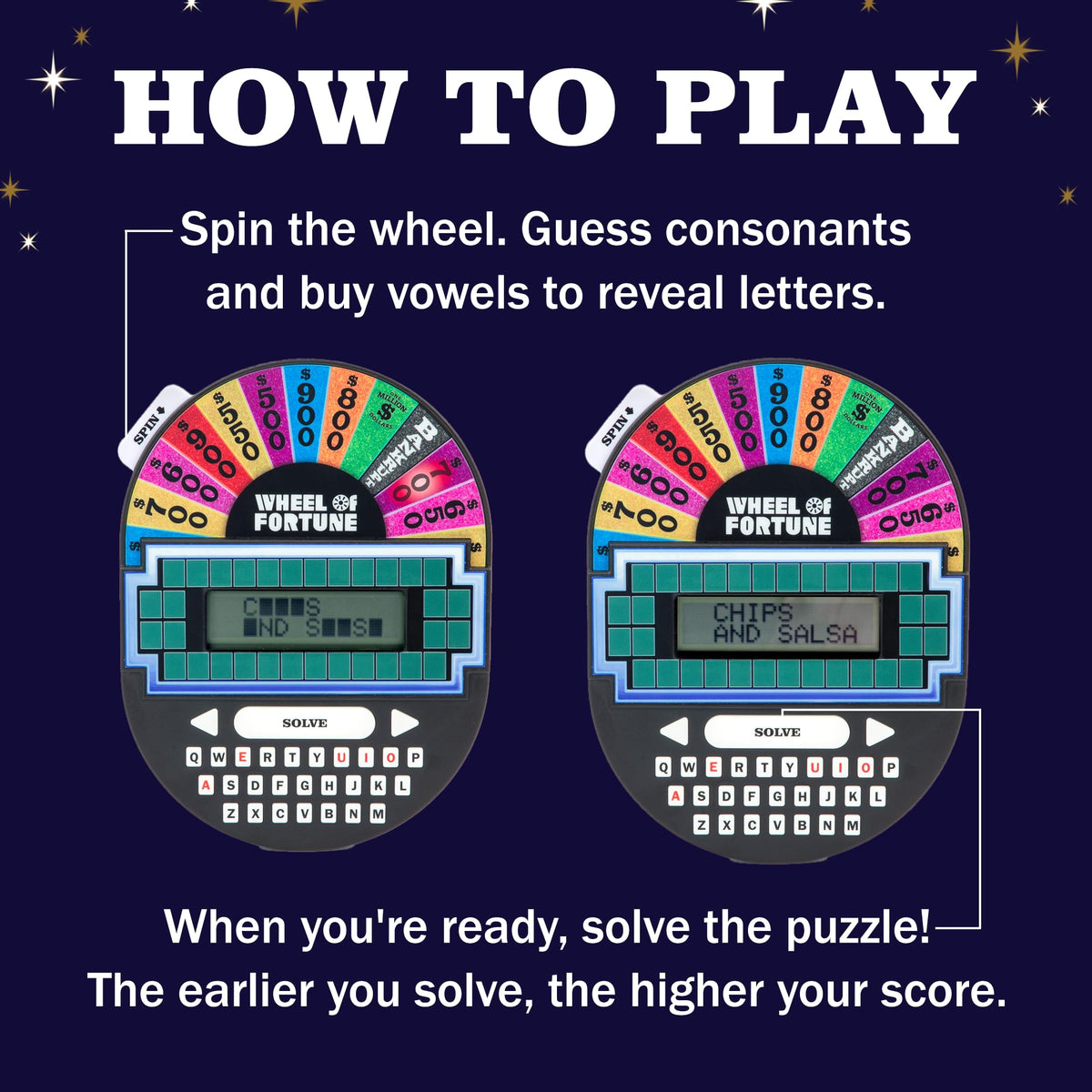 Educational Insights Wheel of Fortune toss-up mode for quick rounds during travel.