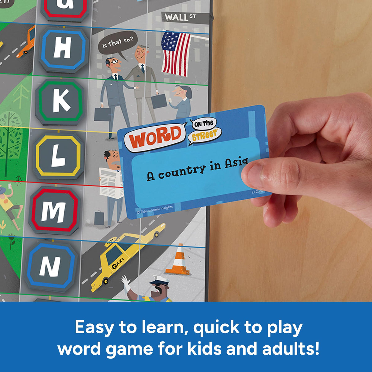 Educational Insights Word on the Street timer and tiles show fast-paced spelling competition.