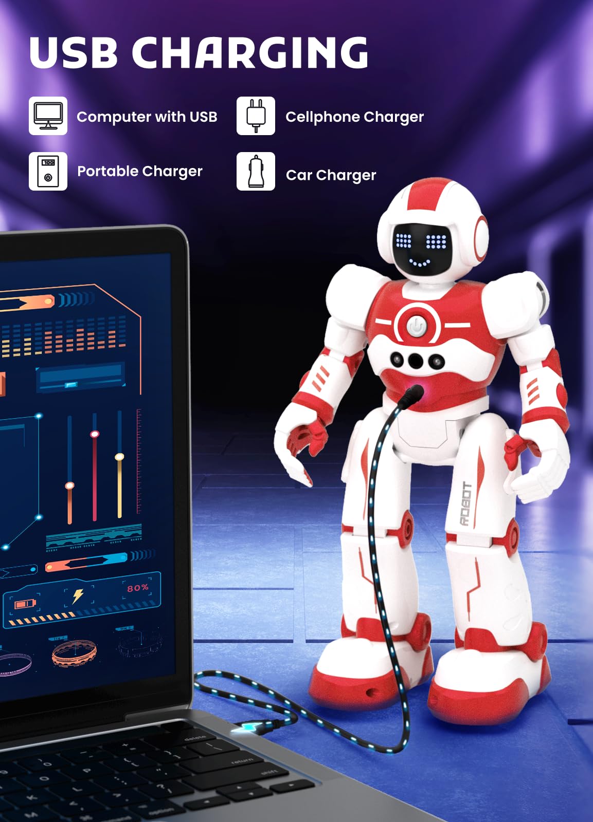 EduCuties robot toy dancing mode lights up during lively play sessions.