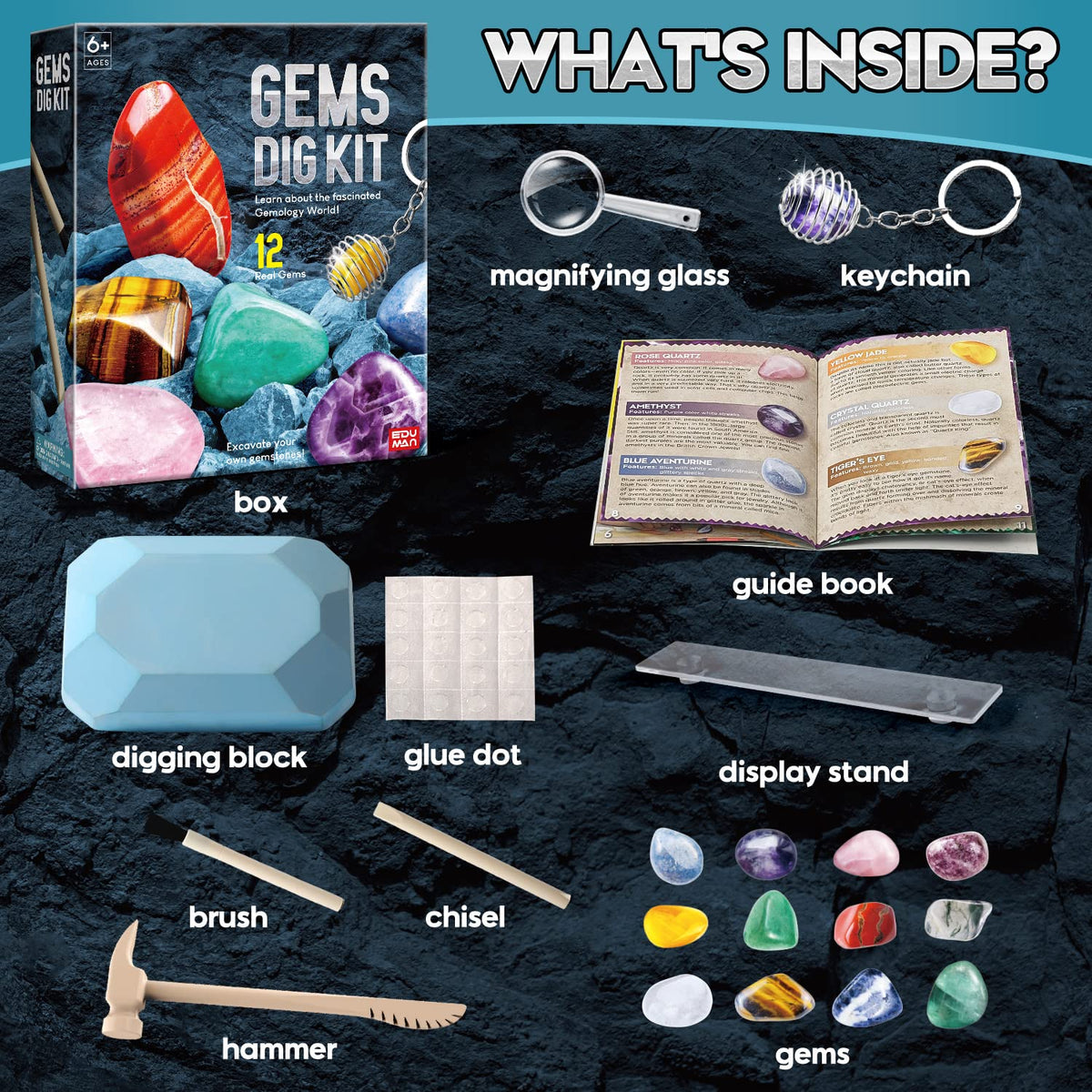 Eduman Gems Dig Kit: digging-tools kit enables tactile excavation experience.