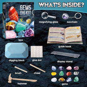 Eduman Gems Dig Kit: digging-tools kit enables tactile excavation experience.