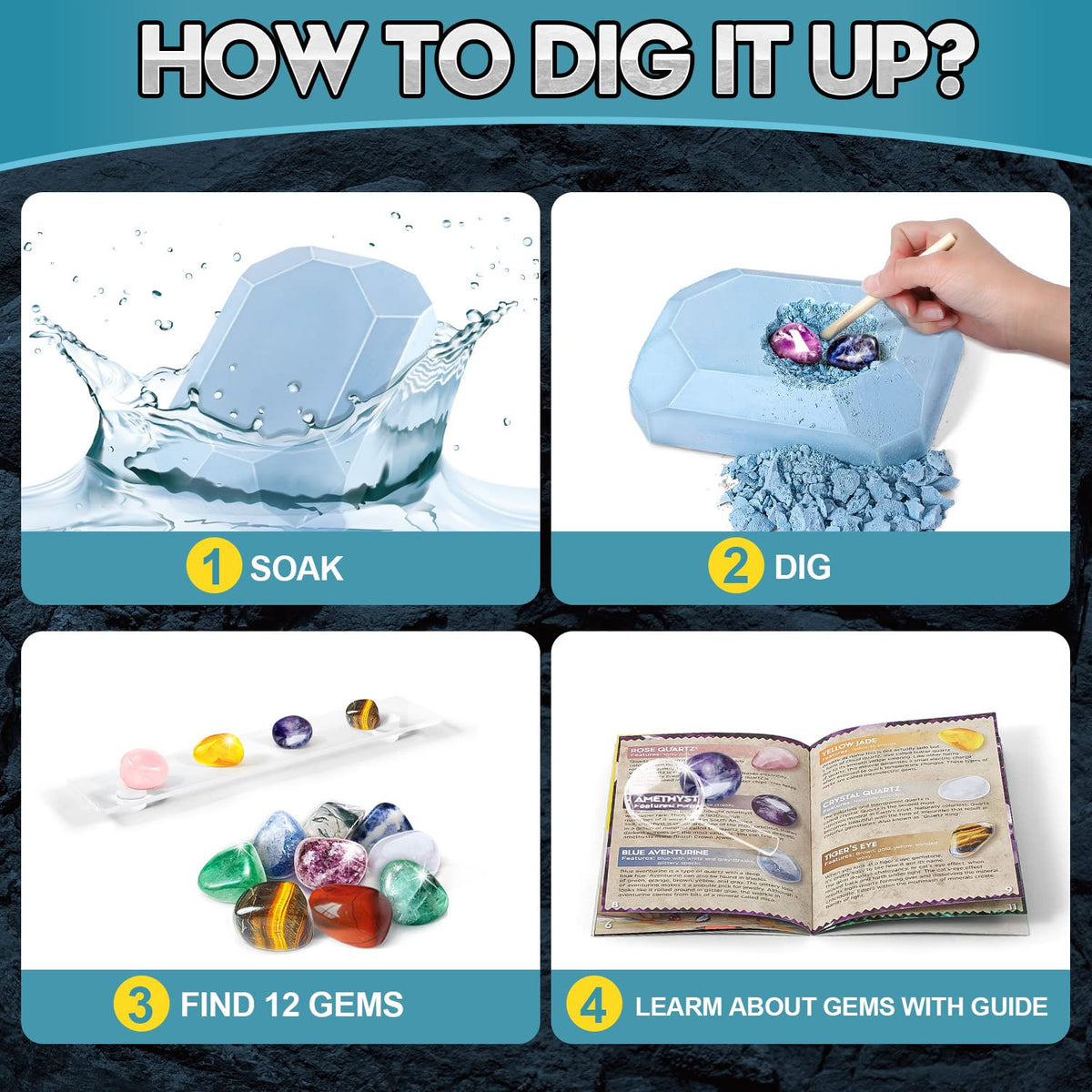 Eduman Gems Dig Kit: display-stand for showcasing your gemstone collection.