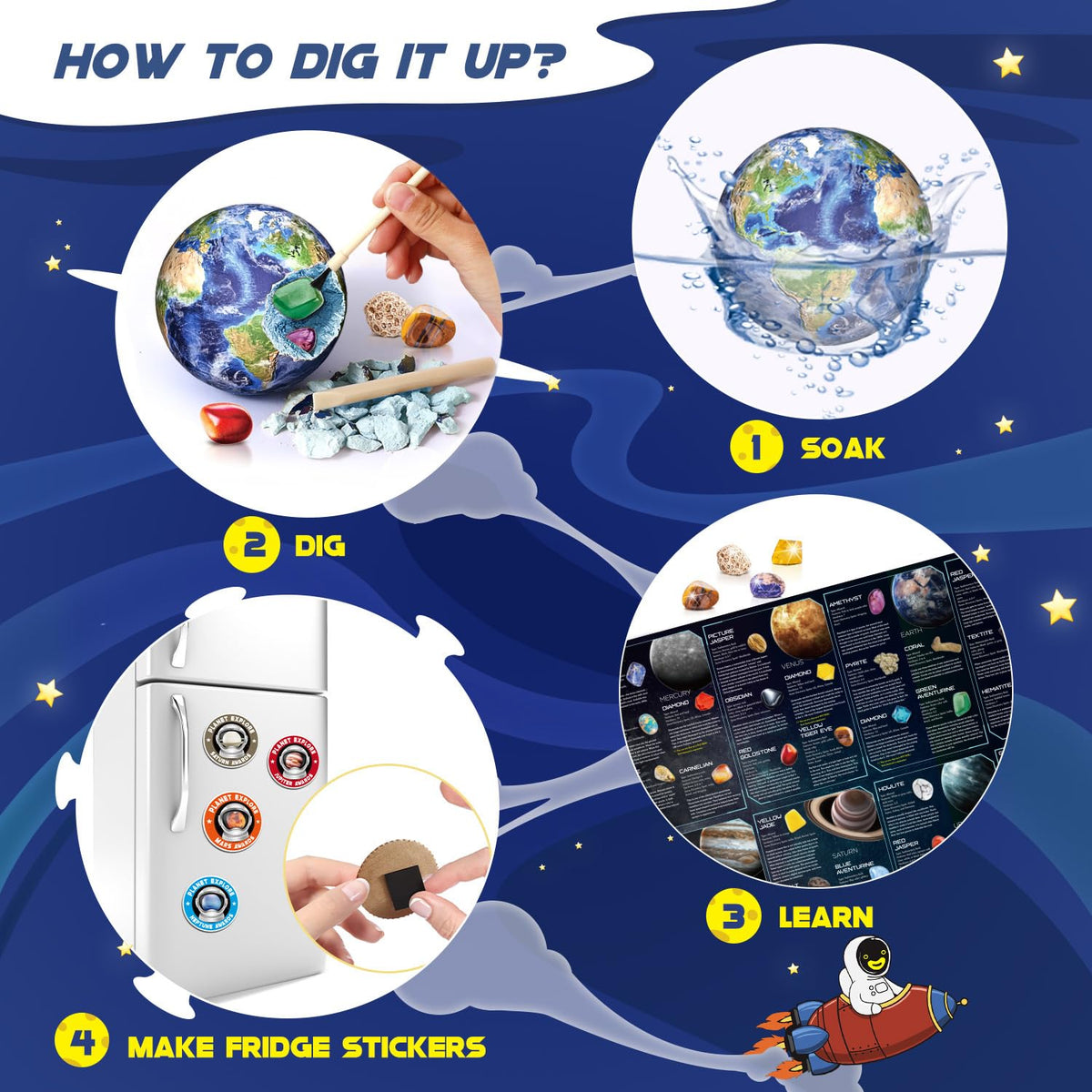 EDUMAN Gemstone Dig Kit 40 treasures display highlights diverse gemstones