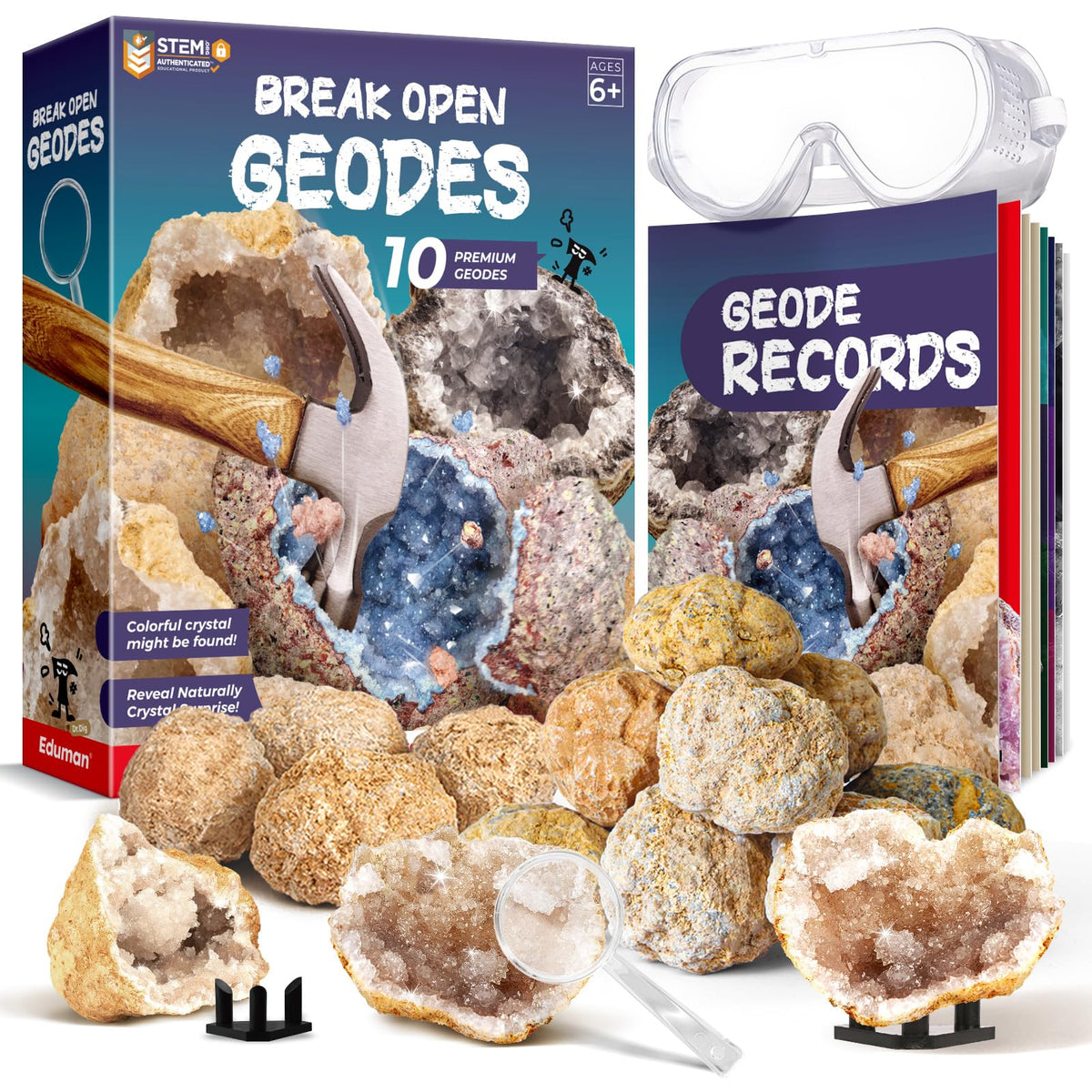 EDUMAN geodes break-open kit reveals crystals inside for hands-on geology exploration