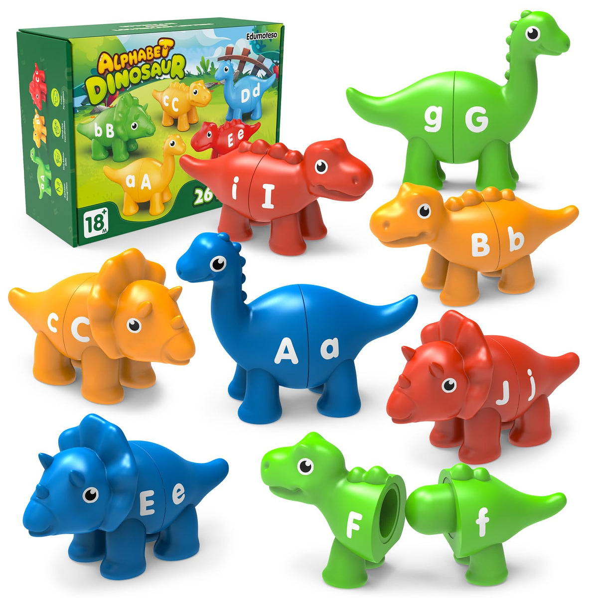 Edumoteso dinosaur alphabet letters for kids practicing uppercase and lowercase recognition.