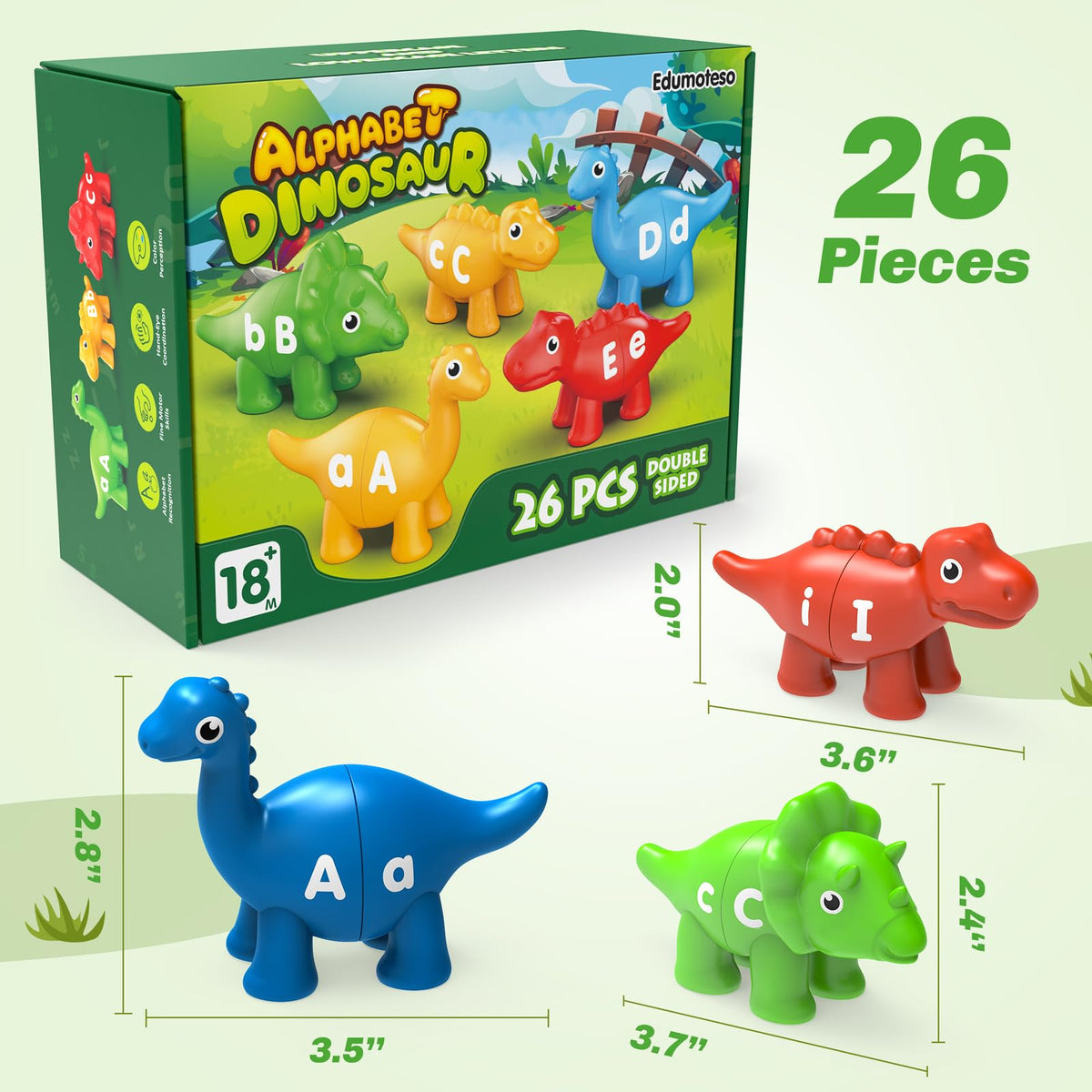 Edumoteso gift-ready dinosaur alphabet set for 3-5 year olds.