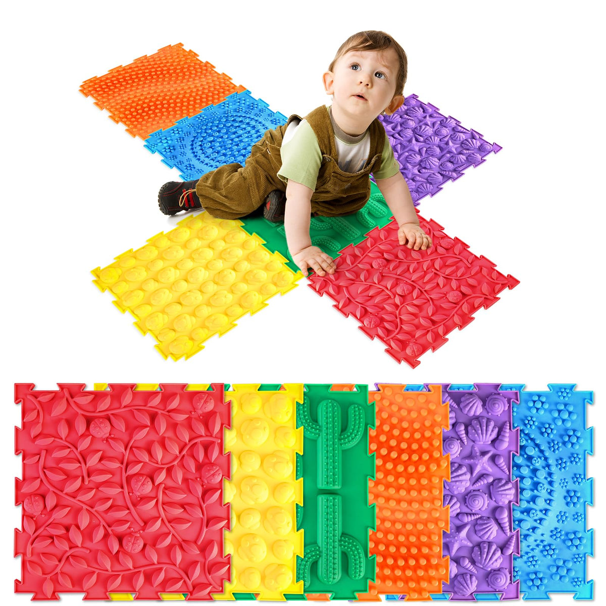 Edusense sensory mat with six textures for tactile exploration and coordination.
