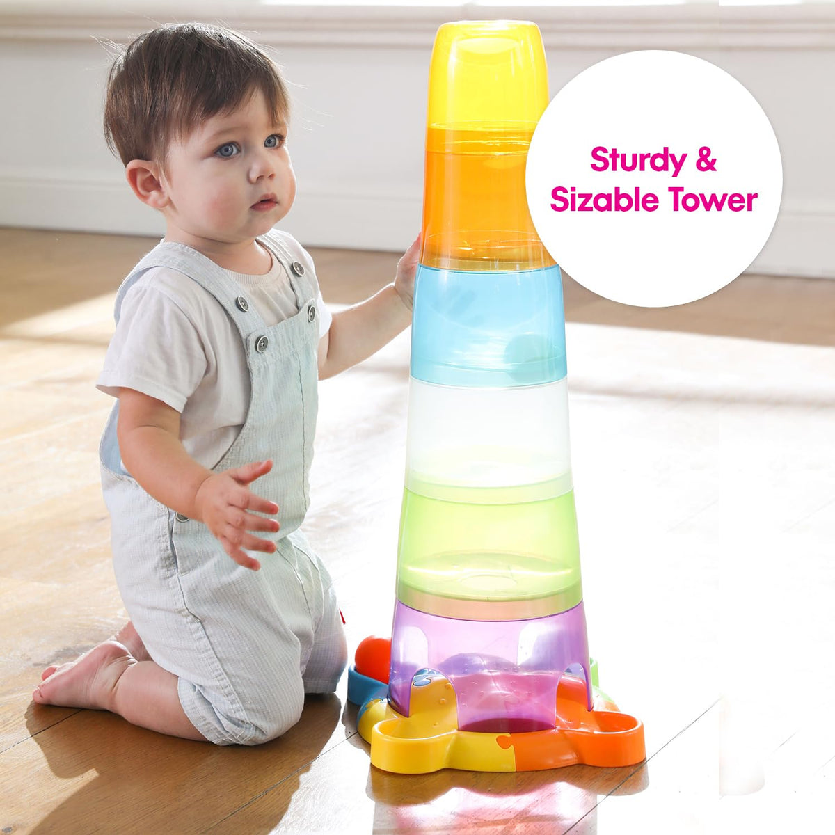 Edushape Stack & Drop Tower Multi: easy-grasp cups encourage fine motor and hand-eye coordination