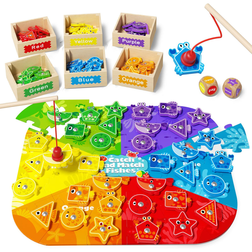 edutree magnetic fishing game shows colorful fish and sorting mats for color and shape learning.