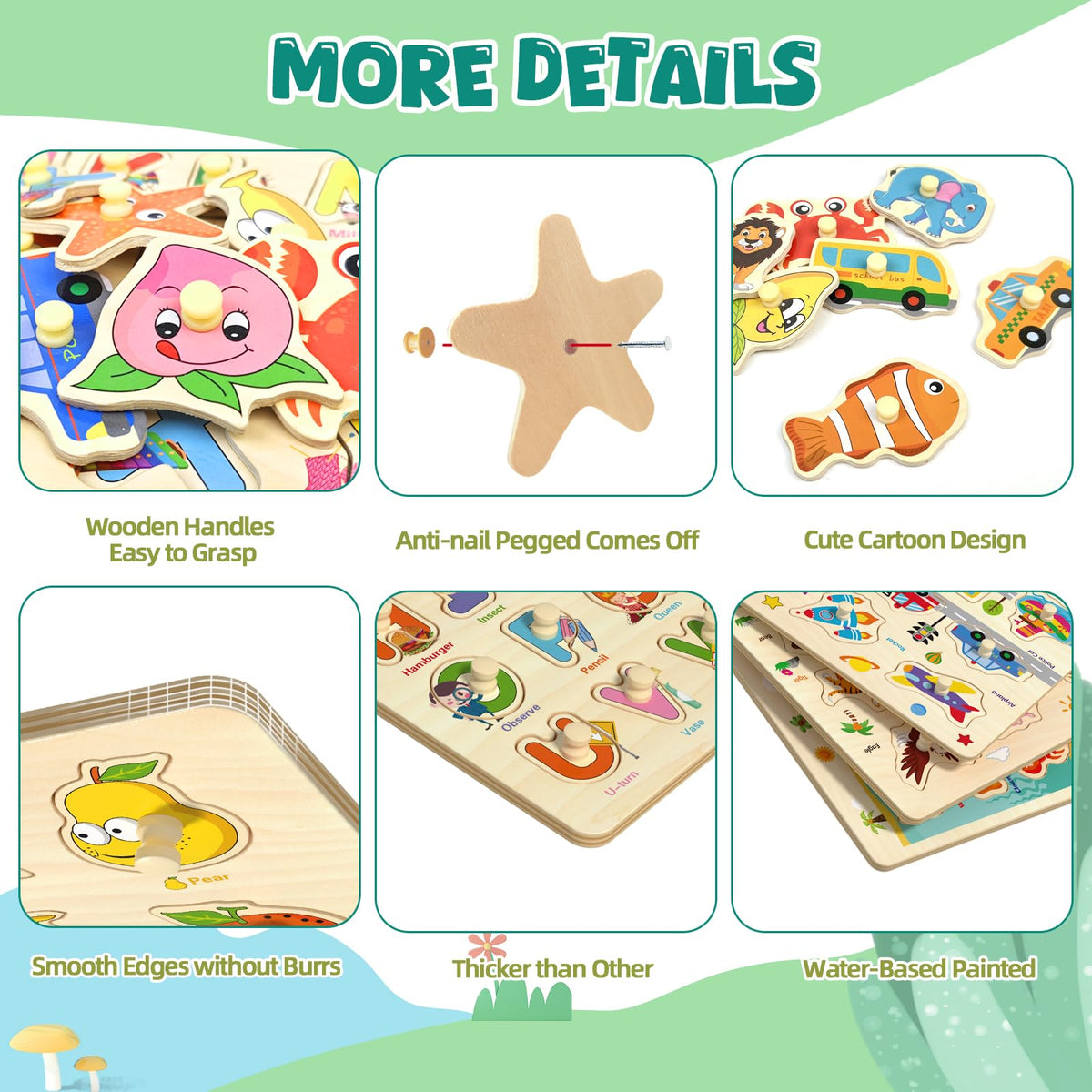 edutree wooden peg puzzle fruits encourages color recognition and shape matching.